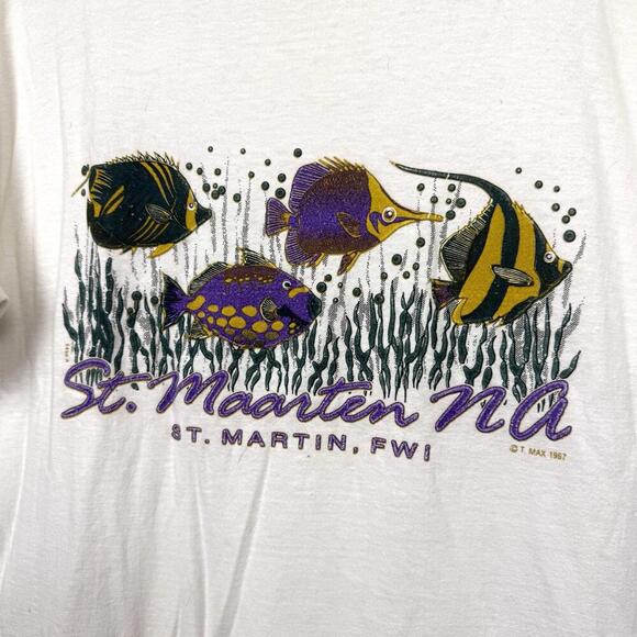 Vintage 1987 St. Maarten NA Fish Graphic T-Shirt L USA Made Single Stitch Ocean - Picture 3 of 10